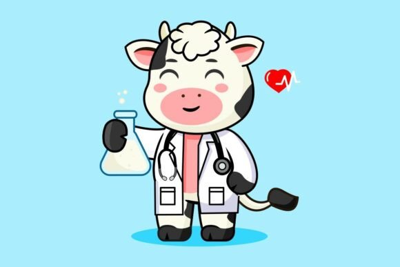 Cute Cow Doctor Holding Flask